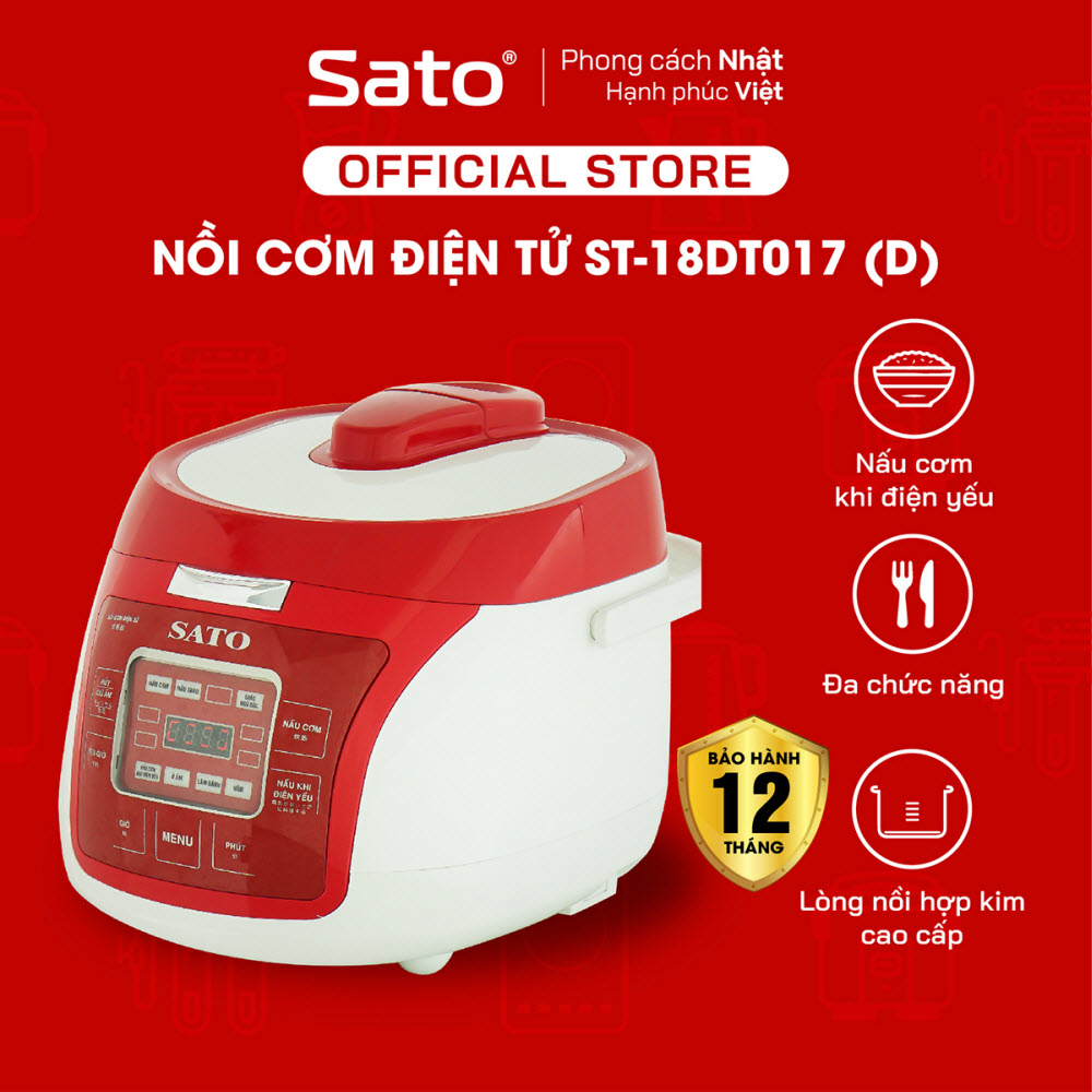 Nồi cơm điện tử SATO ST-18DT017 1.8L dùng cho 4 đến 6 người lớn, nồi cơm thông minh đa chức năng, nấu cơm, nấu cháo, hầm, làm bánh, nấu cơm khi điện yếu - Miễn phí vận chuyển toàn quốc - Hàng chính hãng