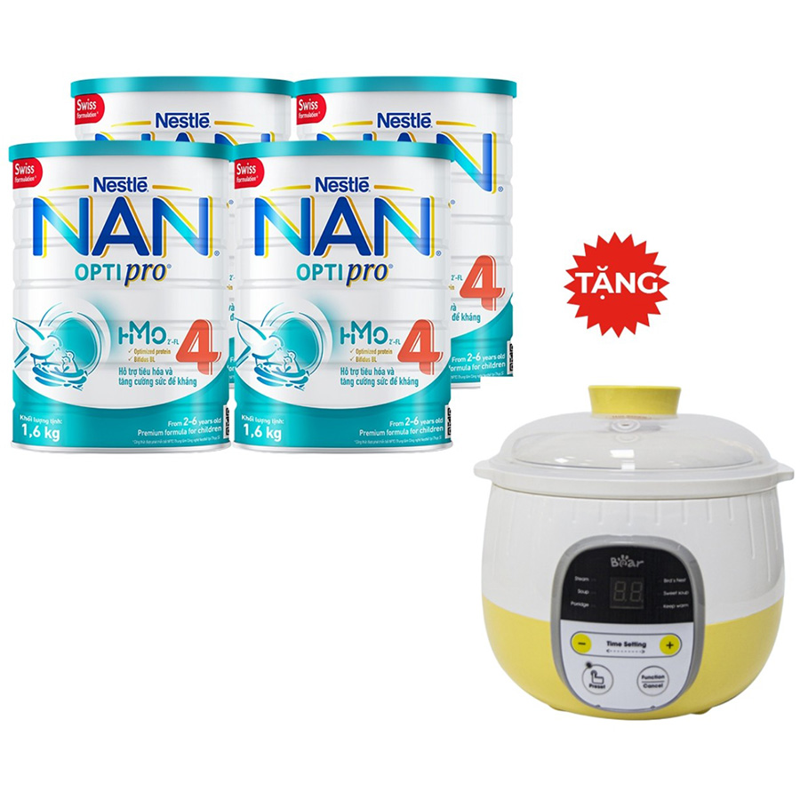 Combo 4 Lon Sữa Bột Nestlé NAN OPTIPRO HM-O 4 1.6kg Tặng Nồi nấu chậm Bear 0.8L