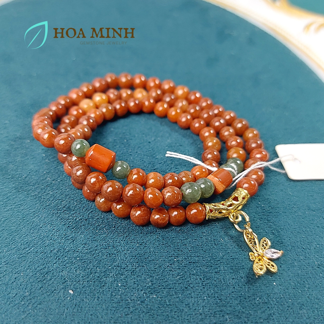 Vòng tay chuỗi Cẩm Thạch Huyết size 5.5 li phong cách đeo quấn 3 vòng phối charm bướm, ngọc jasper, có thể làm vòng cổ