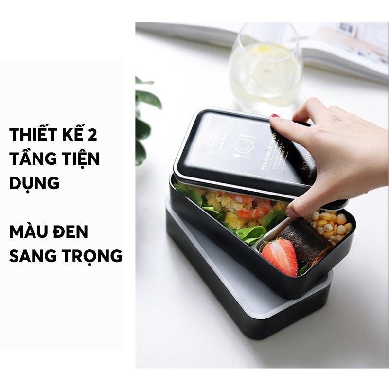 Bộ 3 Sản Phẩm Hộp Cơm Trưa 2 Tầng Cốc Đựng Canh Và Túi Giữ Nhiệt Màu Đen Phong Cách Bắc Âu Siêu Đẹp