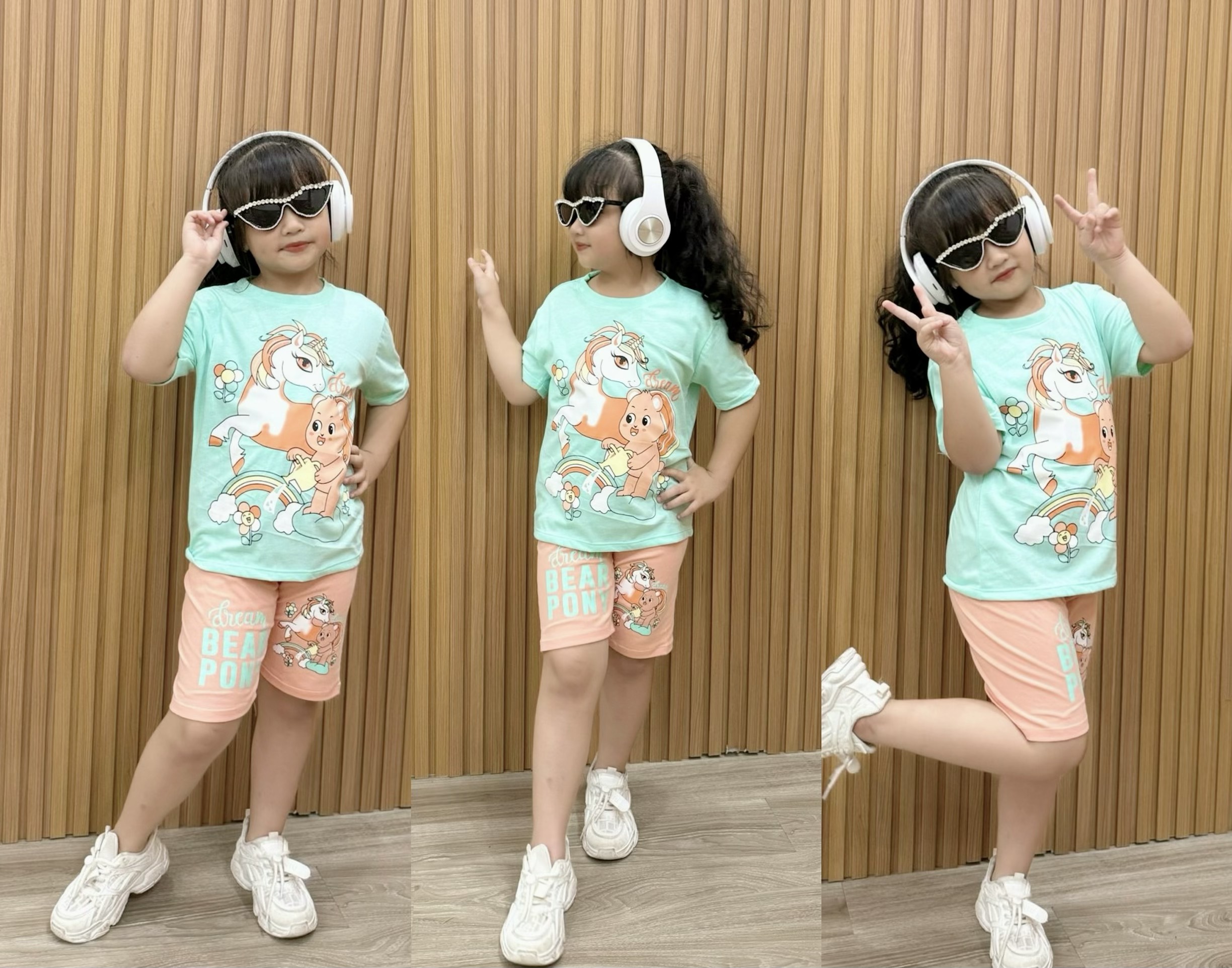 Đồ bộ bé gái, Bộ cộc tay cho bé gái hình kuromi gấu dâu melody từ 8-35kg chất cotton mềm mịn mát