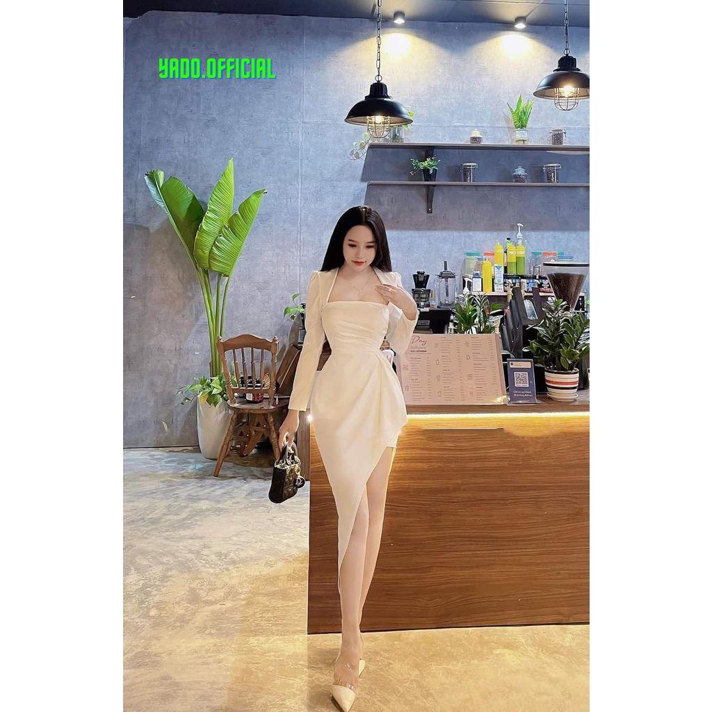 FREESHIP Đầm cổ vuông xẻ tà váy xẻ tà tay dài phối bèo siêu sang chảnh dành cho các nàng yêu dự tiệc KIMGIA DS