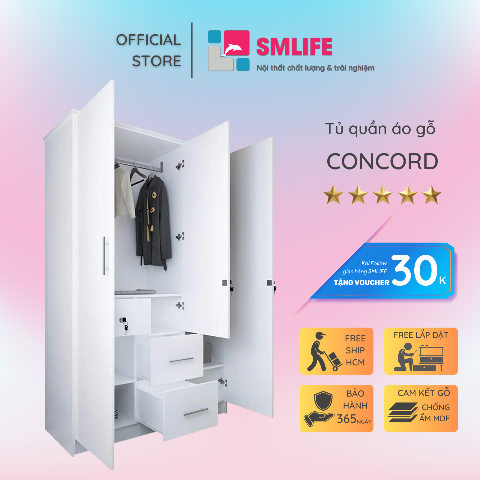 Tủ đựng quần áo thanh lịch bằng gỗ SMLIFE Concord