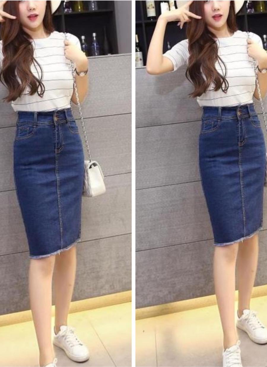 CHÂN VÁY JEAN DÀI BIG SIZE LƯNG CAO CO GIÃN MẠNH DÀI DƯỚI GỐI MÀU XANH ĐEN - NGANG GỐI - 35