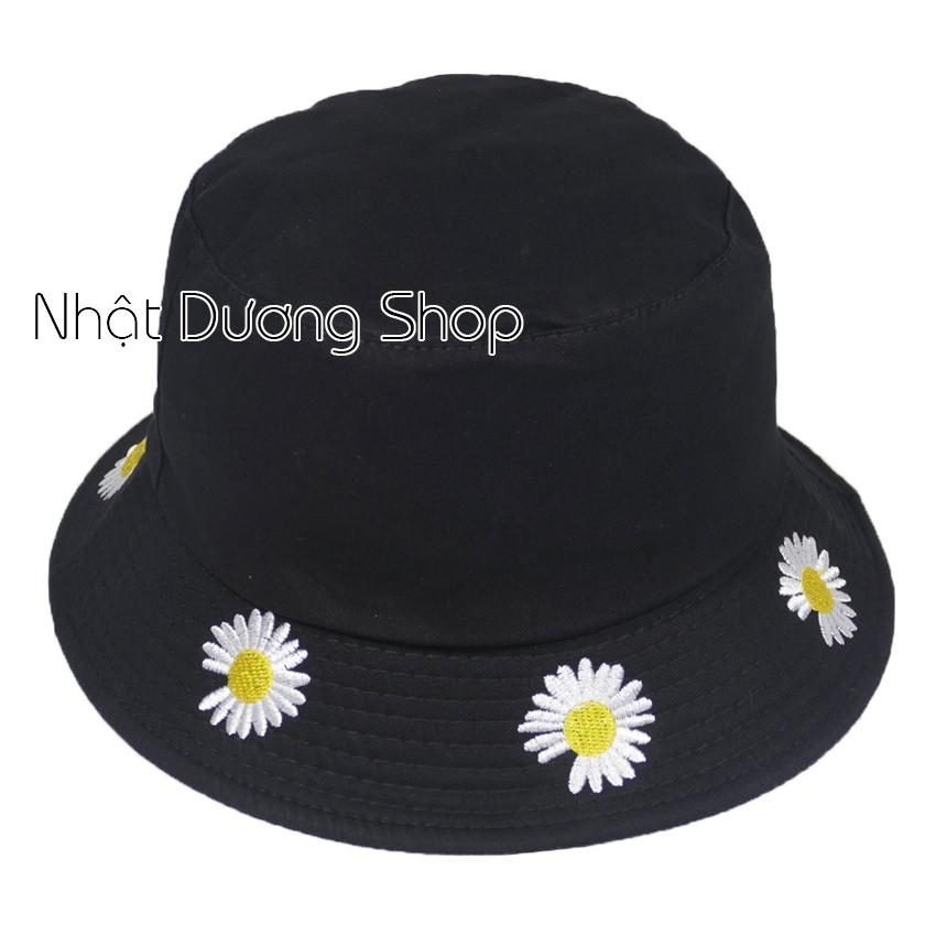 Nón tai bèo thêu hoa cúc xung quanh vành nón - Đen