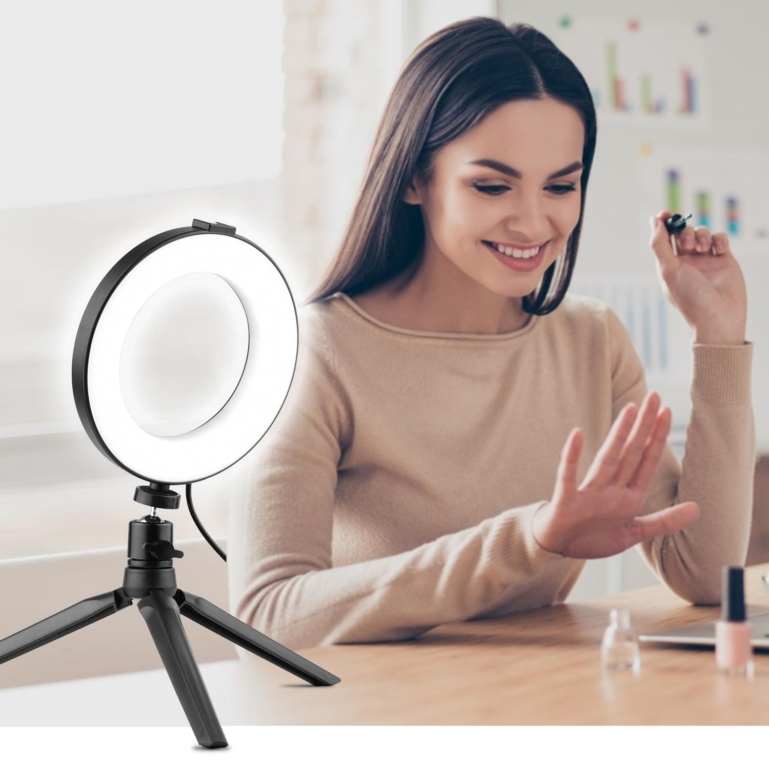 Đèn Selfie Beauty LED Light 3 chế độ chiếu sáng có thể điều chỉnh độ sáng với bộ chuyển đổi Ballhead + Chân máy tính để bàn cho Vlog