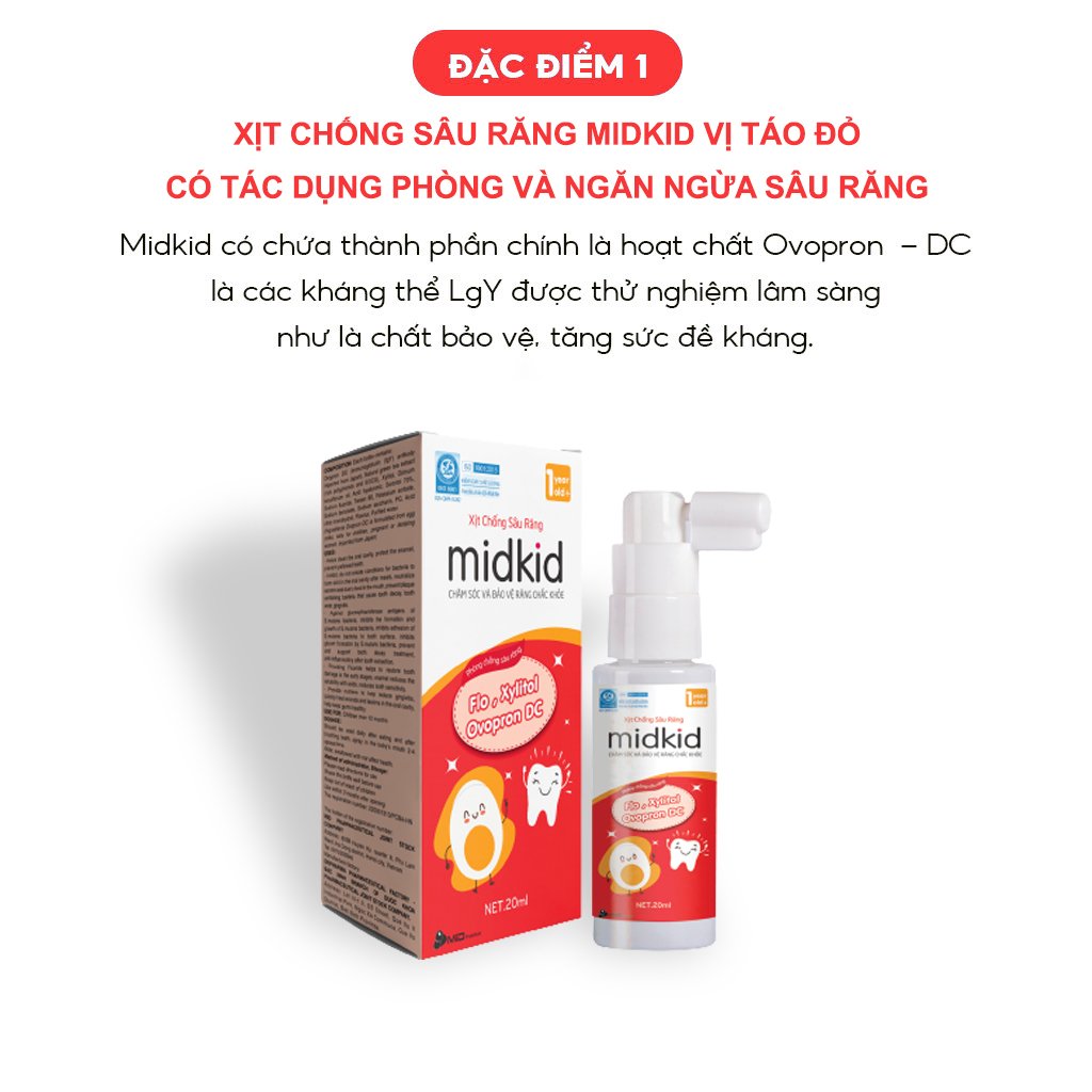 Xịt chống sâu răng MIDKID vị táo đỏ cho bé từ 1 tuổi giúp làm sạch và bảo vệ men răng, ngăn ngừa mảng bám ố vàng, hà mủn