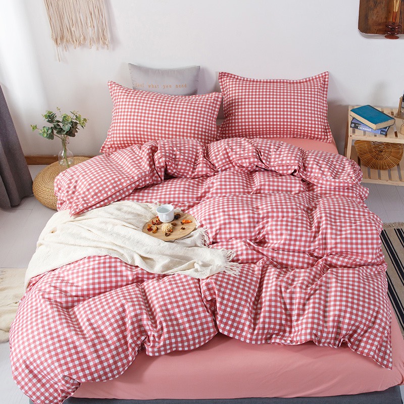 Bộ chăn ga gối cotton LIDACO PL1 - Caro Cam - TẶNG VỎ GỐI ÔM