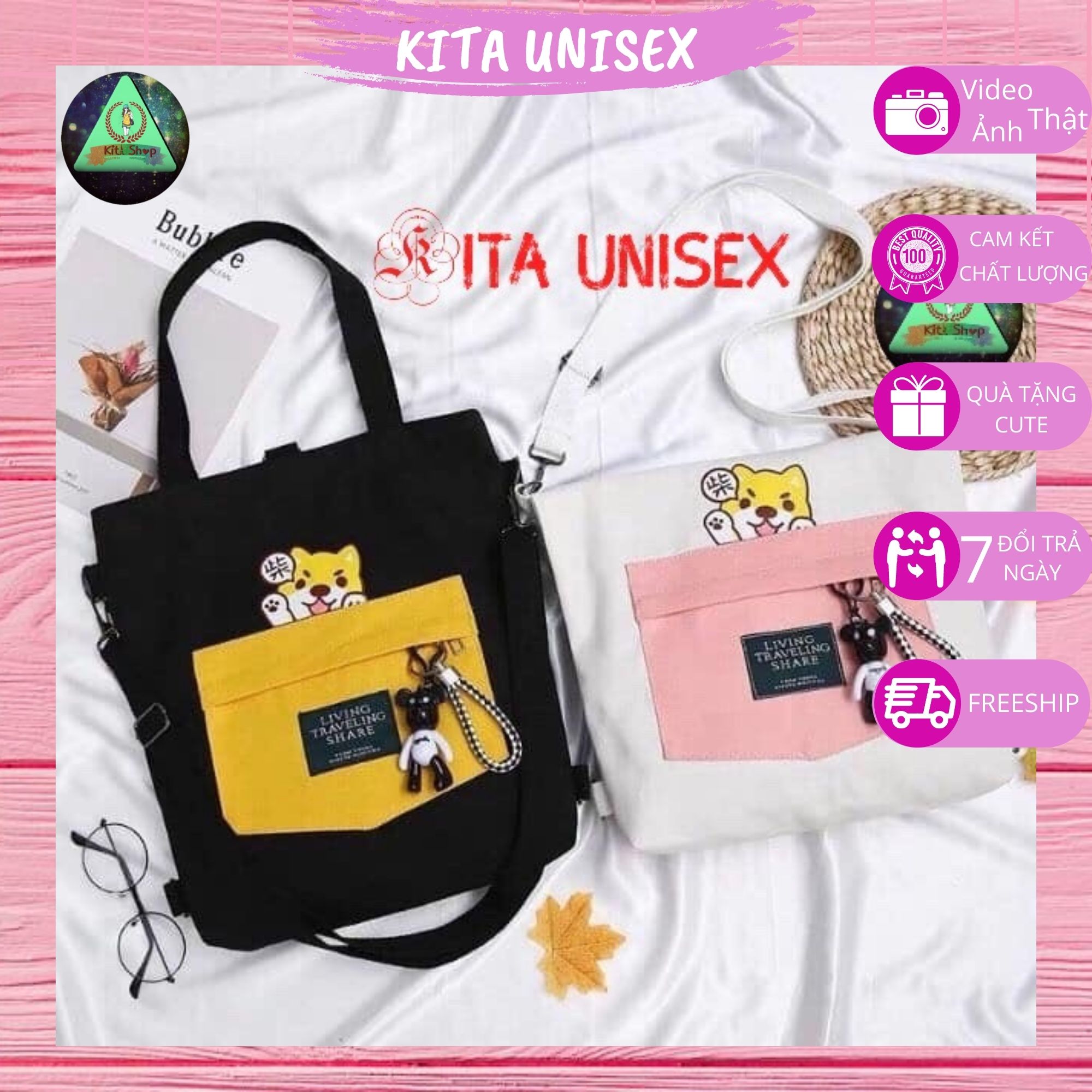 Túi Tote Vải Canvas Nữ Có Khóa Ulzzang Hot Trend Kita Unisex - Mẫu DOG CUTE - Ảnh thật