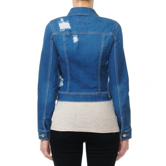 Khoác Jeans Cropped denim jacket W/x Jeans dành cho Nữ. Chất jeans mềm, co giãn thoải mái. K Nón,Xanh dương rách vai. - M