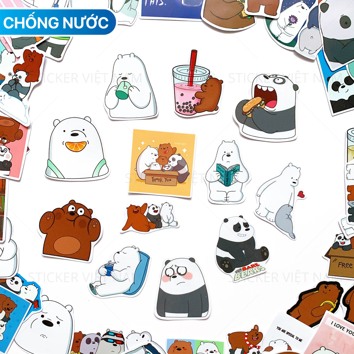 Sticker Ba Chú Gấu - We Bare Bears Siêu Dễ Thương - Chất Liệu PVC Chất Lượng Cao Chống Nước - Kích Thước 4-8cm