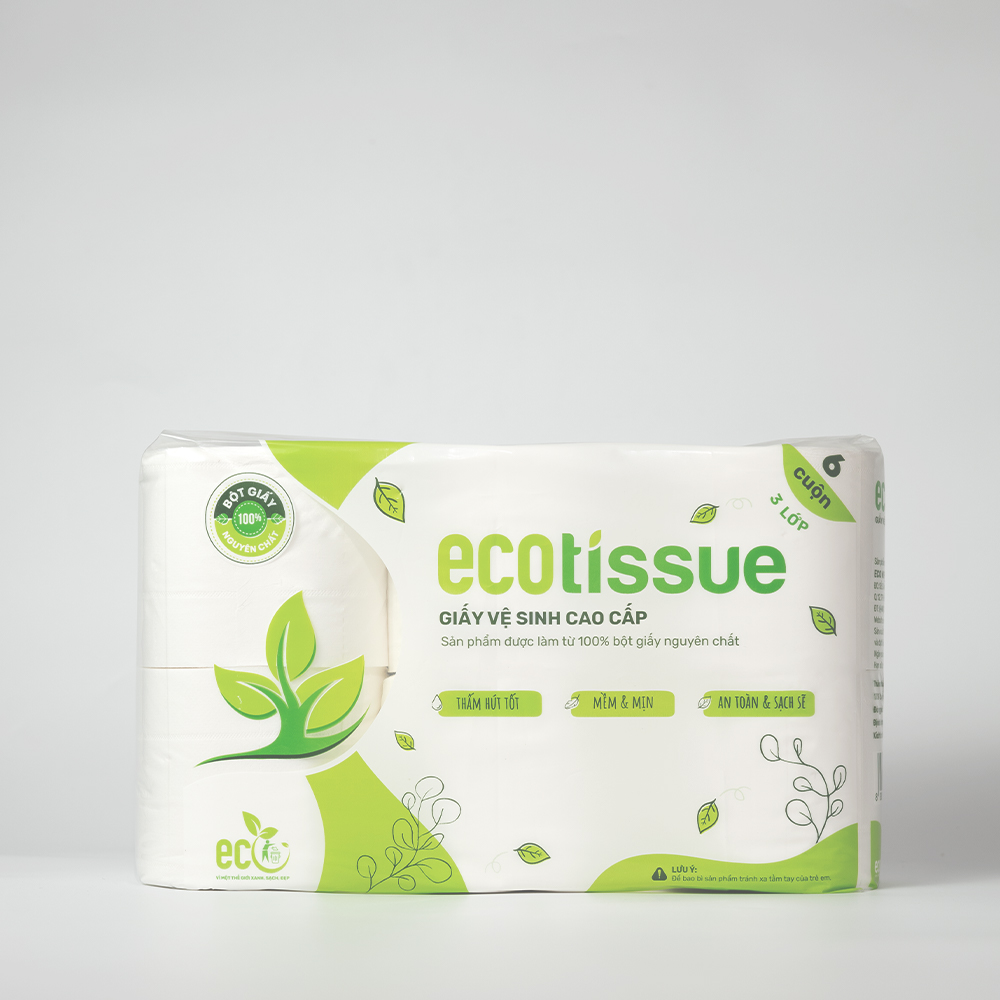 Giấy vệ sinh giấy cuộn cao cấp Ecotissue 3 lớp lốc 6 cuộn có lõi cao cấp mềm dai tự nhiên