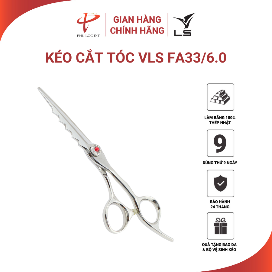 Kéo cắt tóc VLS FA33/6.0 inches lưỡi thẳng quai offset vênh đỡ ngón cố định - Hàng chính hãng