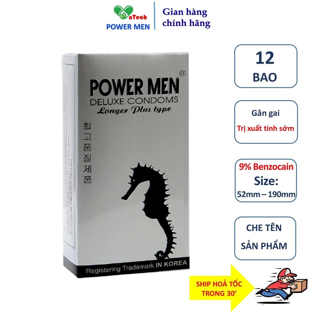 Bao cao su Powermen LONGER PLUS gân gai tăng khoái cảm kéo dài thời gian có 9% Benzocain hạn chế xuất tinh sớm 12 bao