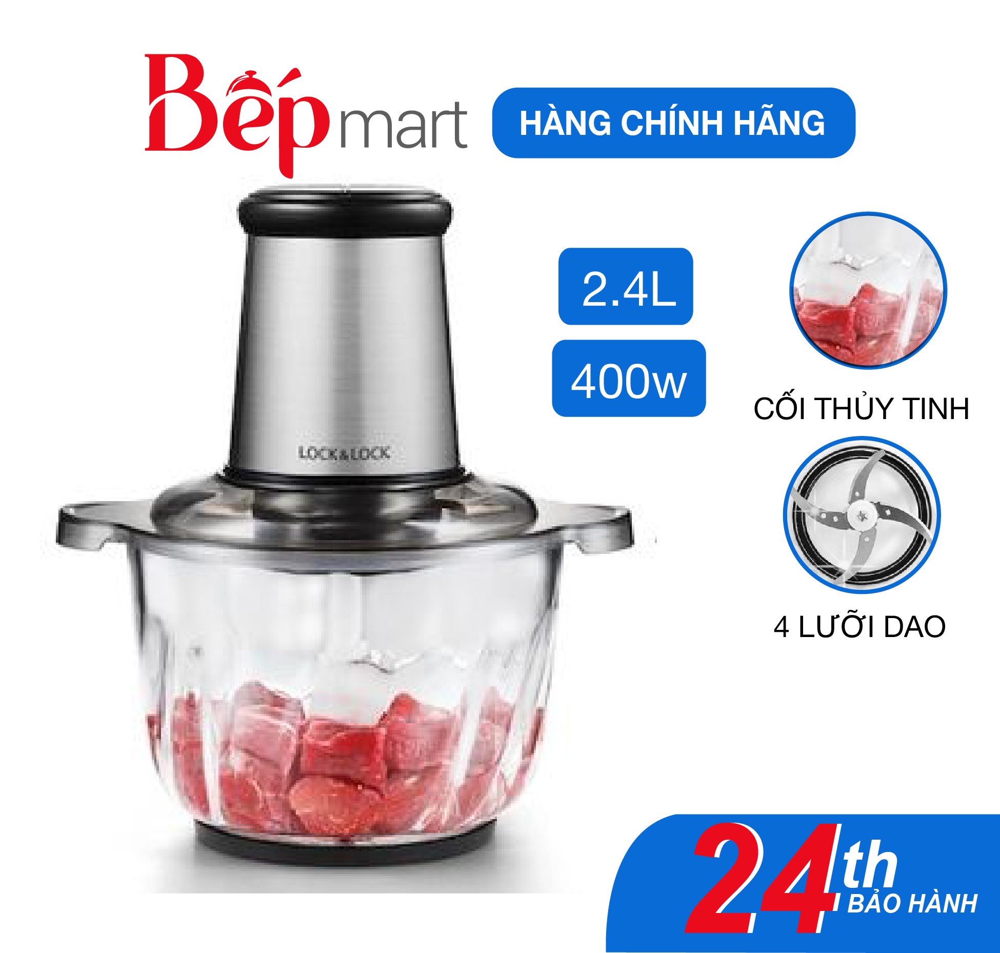 Máy xay thịt locknlock Meat Chopper EJM186SLV (2.4L) - 4 lưỡi dao, 2 tốc độ xay - Hàng chính hãng