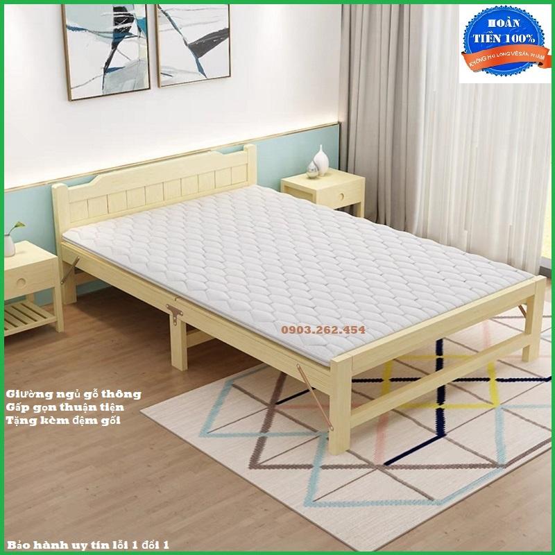 Giường ngủ - giường ngủ gỗ thông gấp gọn, kích thước ngang 80cm, 100cm, 120cm, 150cm, tặng kèm đệm, gối - Re0555