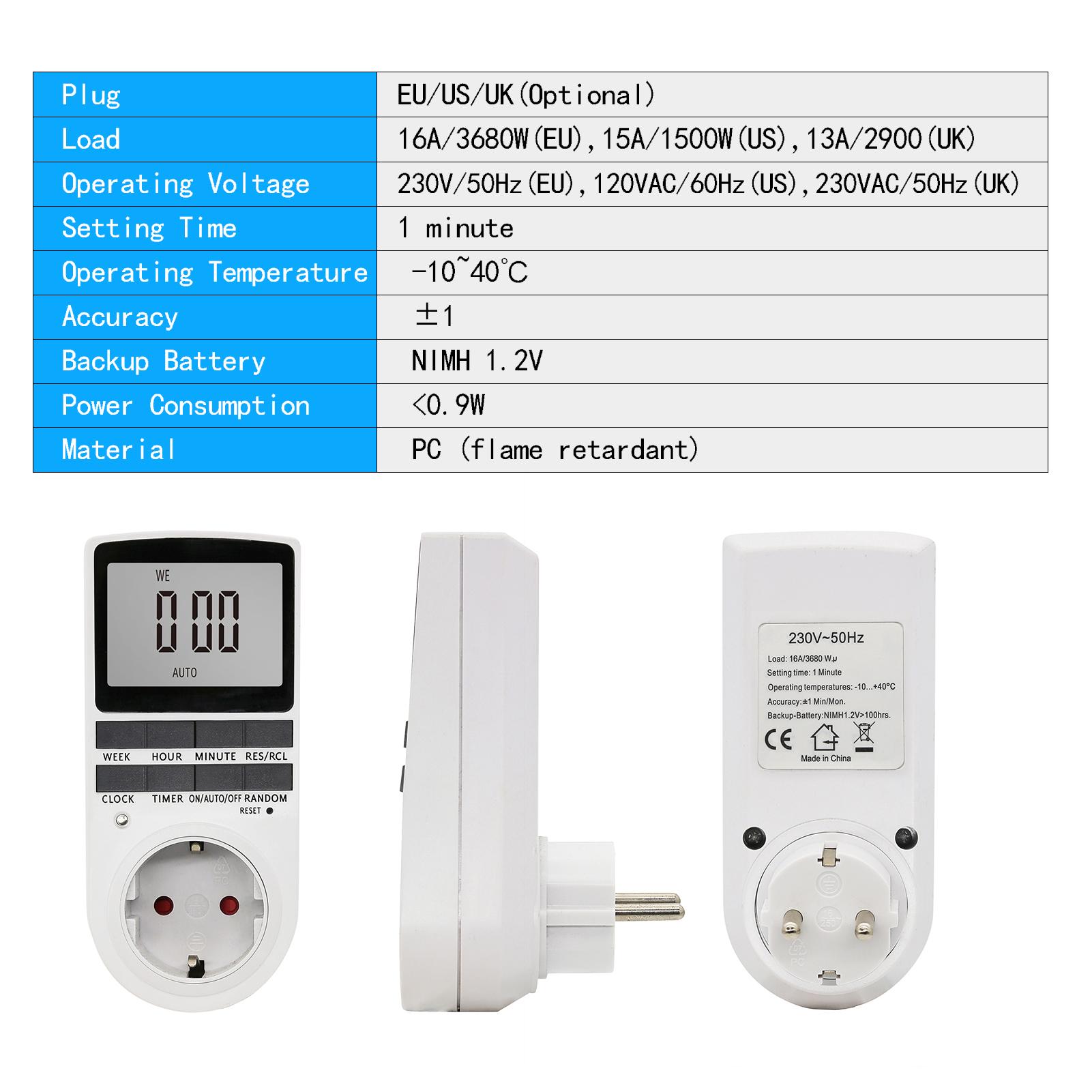 Digital Timer Switch Socket Digital Electronic Timer Switch LCD Display Plug-in Programmable Time Switch Energy Saving Intelligent Electronic Timing Socket