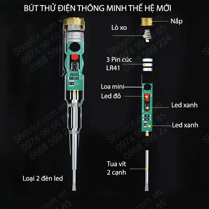 Bút thử điện thông minh thế hệ mới, loại 2 đèn LED và có âm thanh cảnh báo, kiểm tra dây điện đứt ngầm, đo thông mạch