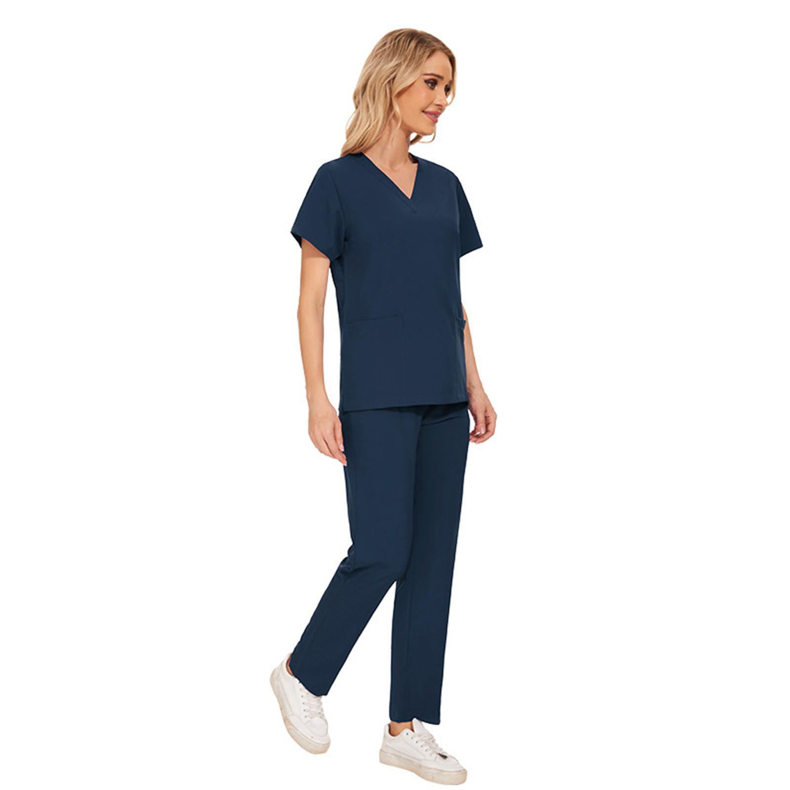 Nurse Work Uniforms Workwear Women's Scrub Set, Unisex with Pockets Breathable Hospital Uniform V Neck Scrub Top and Trousers