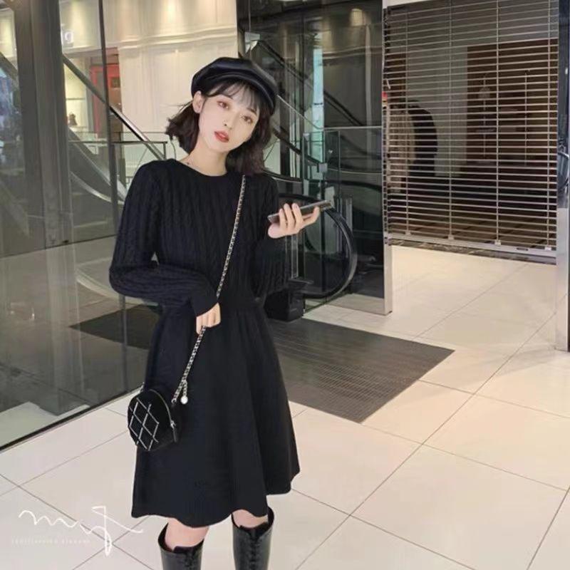 Đầm Sweater Dệt Kim Tay Dài Cổ Tròn Màu Trơn Phong Cách Thời Trang Thu Đông Kiểu Mới
