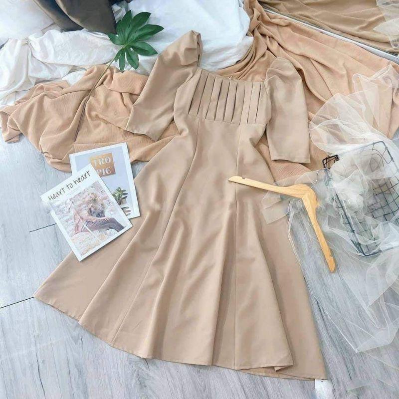 Đầm váy nữ nude xếp li ngực tay lửng TKN