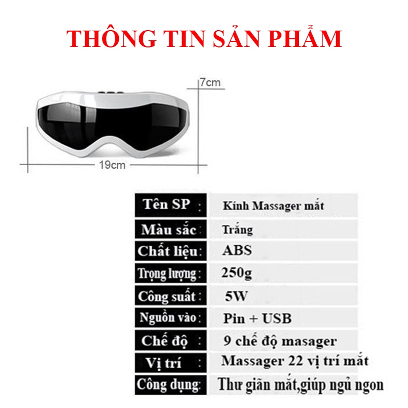 Kính massage mắt 9 chế độ rung giúp thư giãn giảm căng thẳng cải thiện giấc ngủ chống khô, mỏi, quầng thâm và bọng mắt