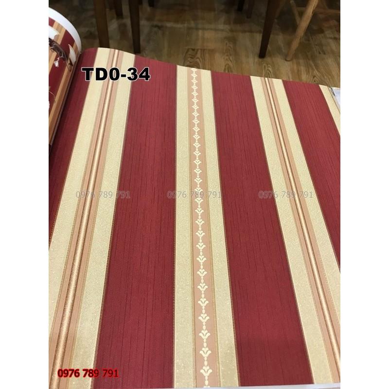 Giấy Dán Tường Dải Dọc Cổ Điển Phòng Khách, Khổ 10m x 53 cm, Lụa Không Keo, Màu Đỏ, Nâu, Trắng