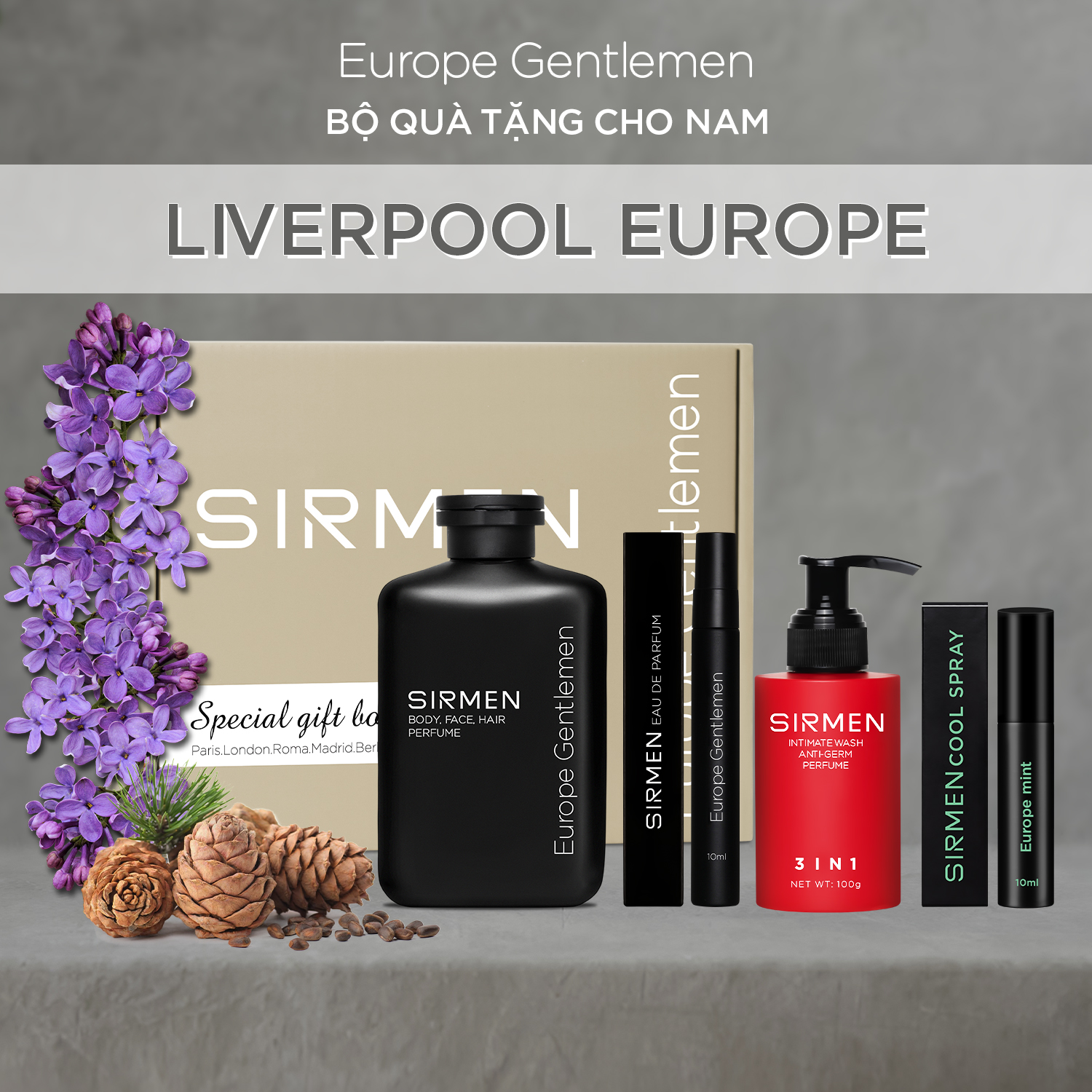 [Combo Liverpool Europe] Sữa tắm 350g, Nước hoa nam 10ml, Xịt thơm miệng và Dung dịch vệ sinh nam 100g THƠM TỪ TRONG RA NGOÀI nguyên liệu châu Âu SIRMEN Europe Gentlemen chiết xuất tự nhiên công nghệ EU-Nano đậm đặc gấp 2 lần