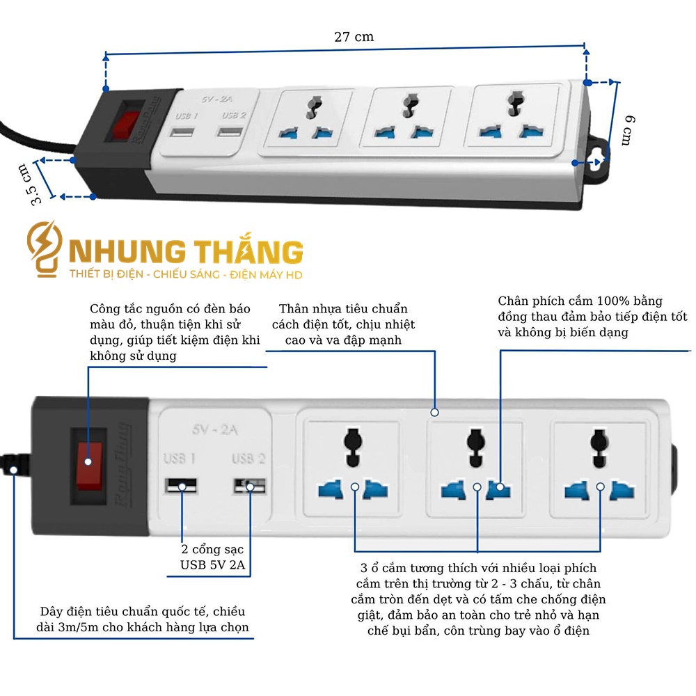 Ổ Cắm Điện Đa Năng Rạng Đông 2 Cổng USB, Sạc Nhanh 5V-2A, Ổ Điện Chịu Tải 2500W, Tích Hợp Rơ Le Tự Ngắt, Dây Dài 3M/5M - CÓ VIDEO