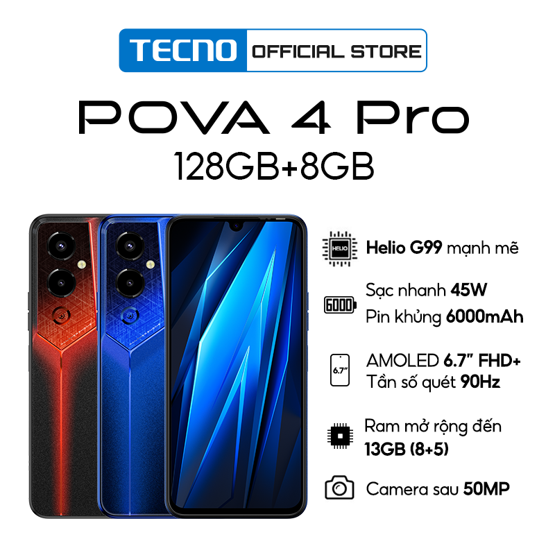 Điện thoại Gaming Tecno POVA 4 PRO 8GB/128GB - Media Tek G99 | 6000 mAh | Sạc nhanh 45W - Hàng Chính Hãng