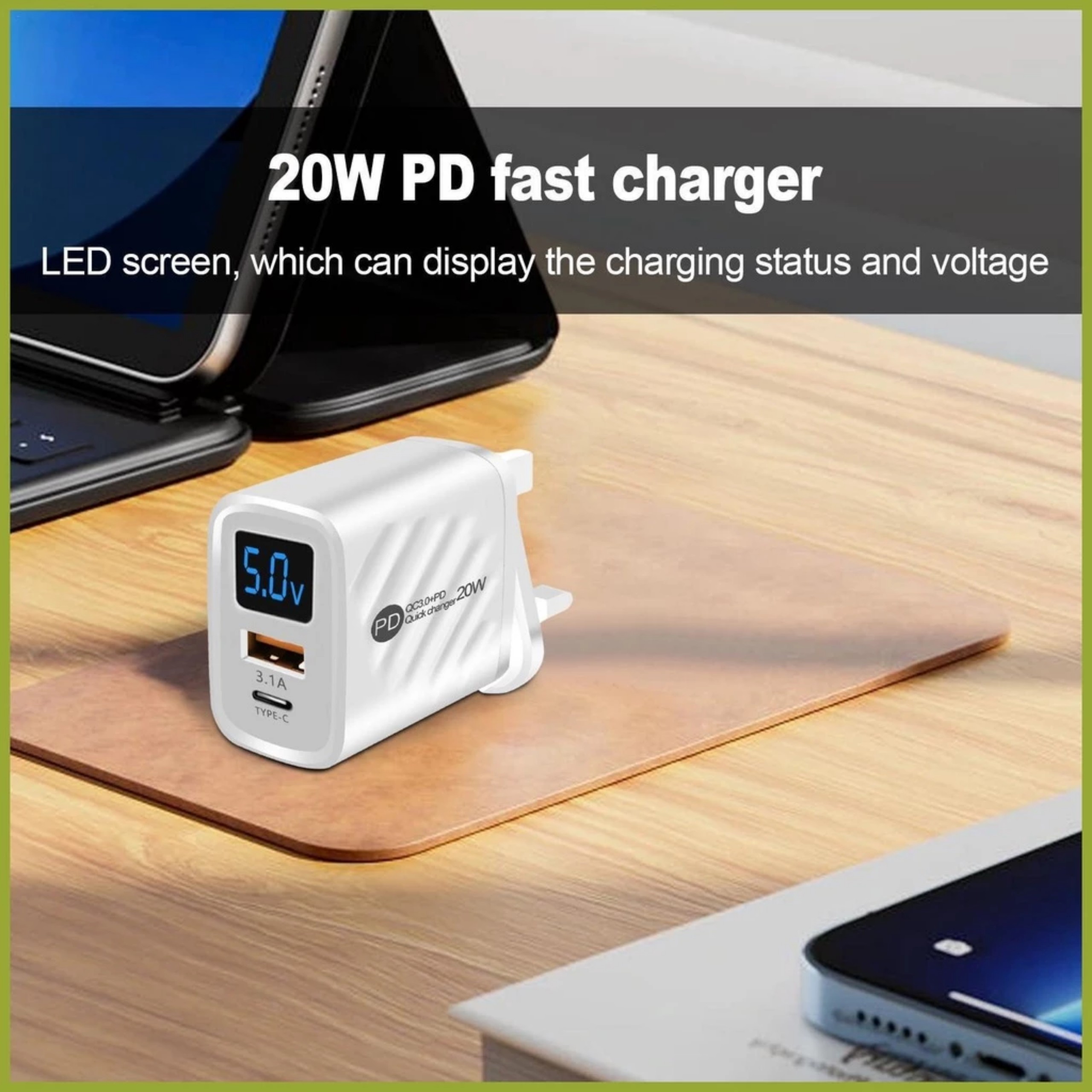 Củ Sạc Nhanh PD20W Cổng USB 5V3.1A có màn hình led hiển thị cho Điện Thoại, Máy Tính Bảng gồm 1 cổng USB và 1 cổng Type-C,  hàng nhập khẩu