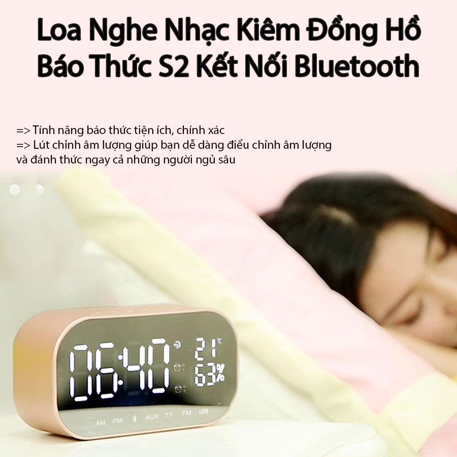 Loa Nghe Nhạc Bluetooth Kiêm Đồng Hồ Báo Thức,Mặt Kính Tráng Gương, Âm Thanh Siêu Trầm Cao Cấp