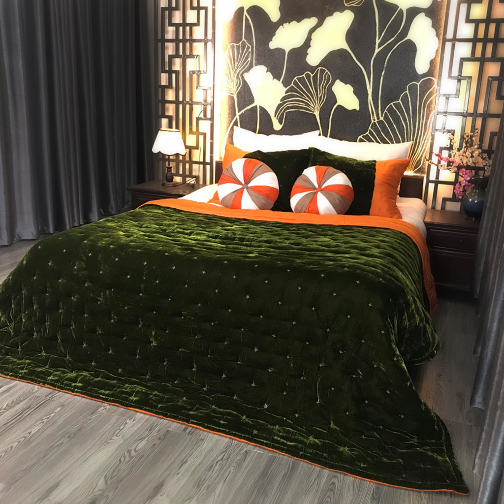 Chăn Nhung Lụa Chần Bông Điều Hòa Cao Cấp Dùng Bốn Mùa - Chăn Nhung Khâu Hoa Thị Màu Olive Drab I Silk Velvet Blanket.