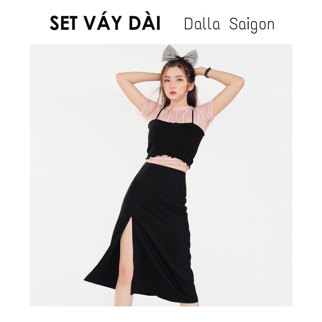 SET váy xẻ đùi dài, áo ren hồng, áo dây đen croptop