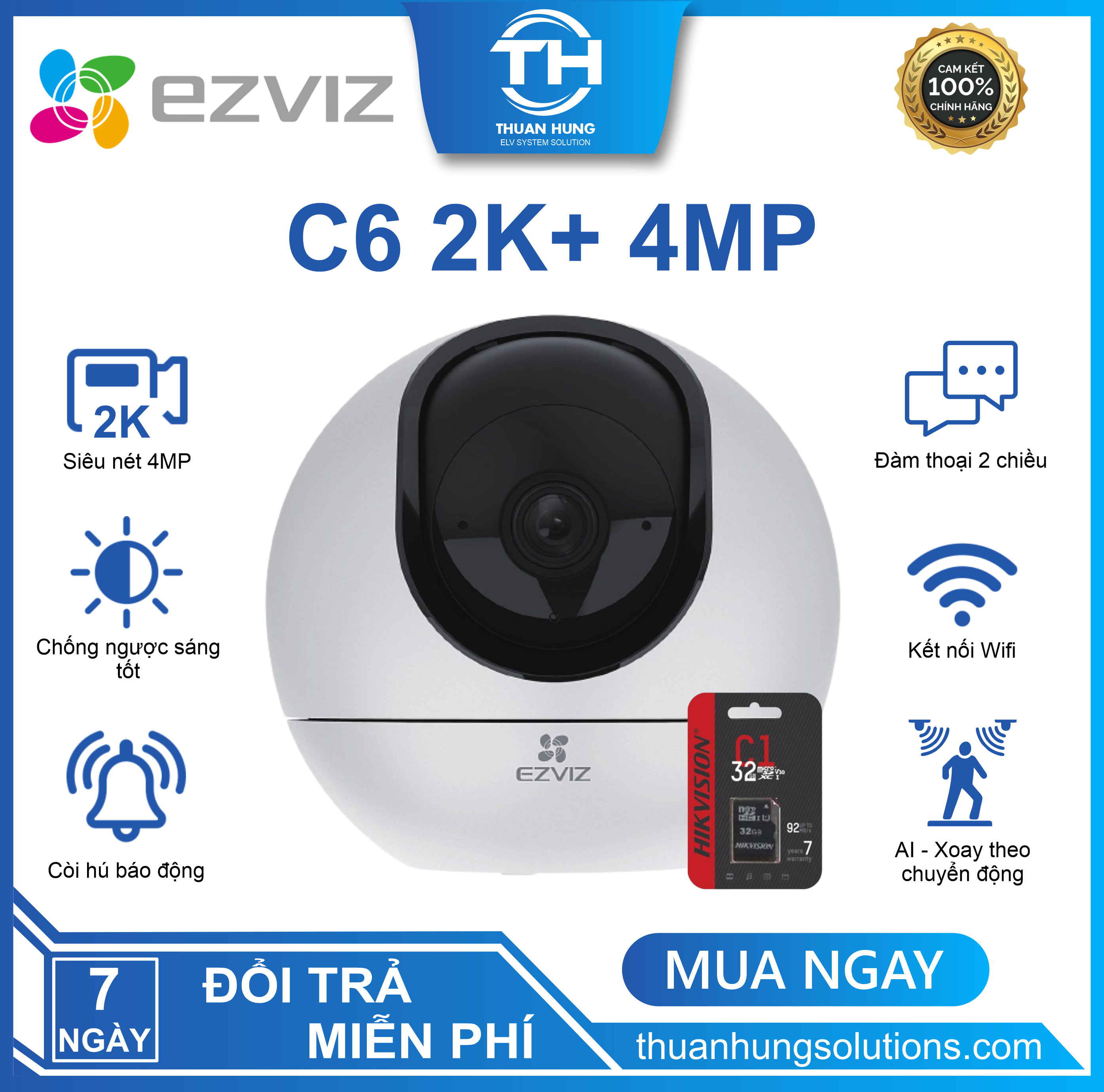 Camera Wifi EZVIZ C6, Camera xoay 360 Độ Phân Giải 2K+, Hỗ trợ băng tần kép, Đàm Thoại 2 Chiều, Tự Động Thu Phóng Chuyển Động, Điều khiển và nhận dạng bằng hành động vẫy tay - Hàng Chính Hãng