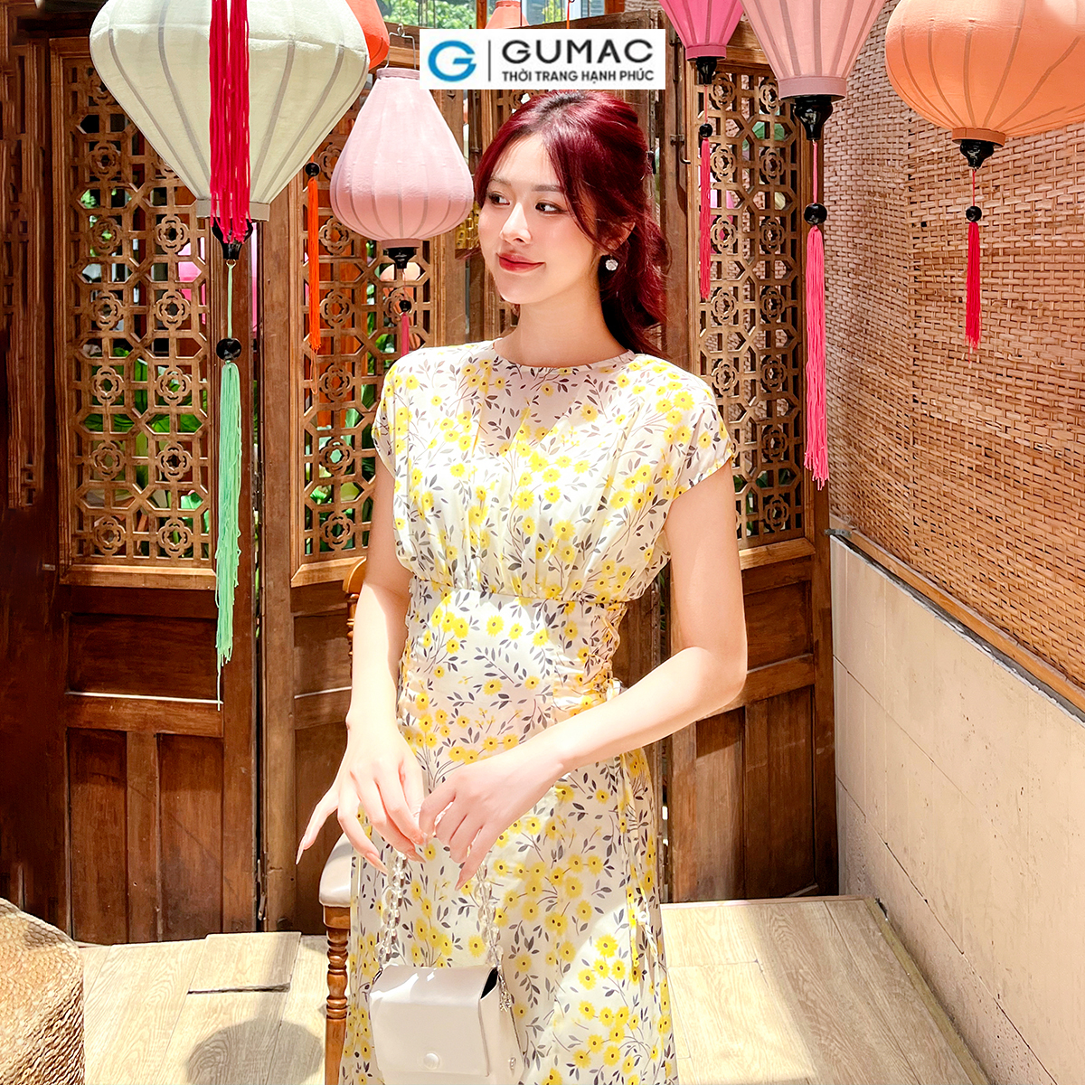 Đầm họa tiết hoa kiểu phối dây eo thời trang nữ tính thanh lịch GUMAC DD07031