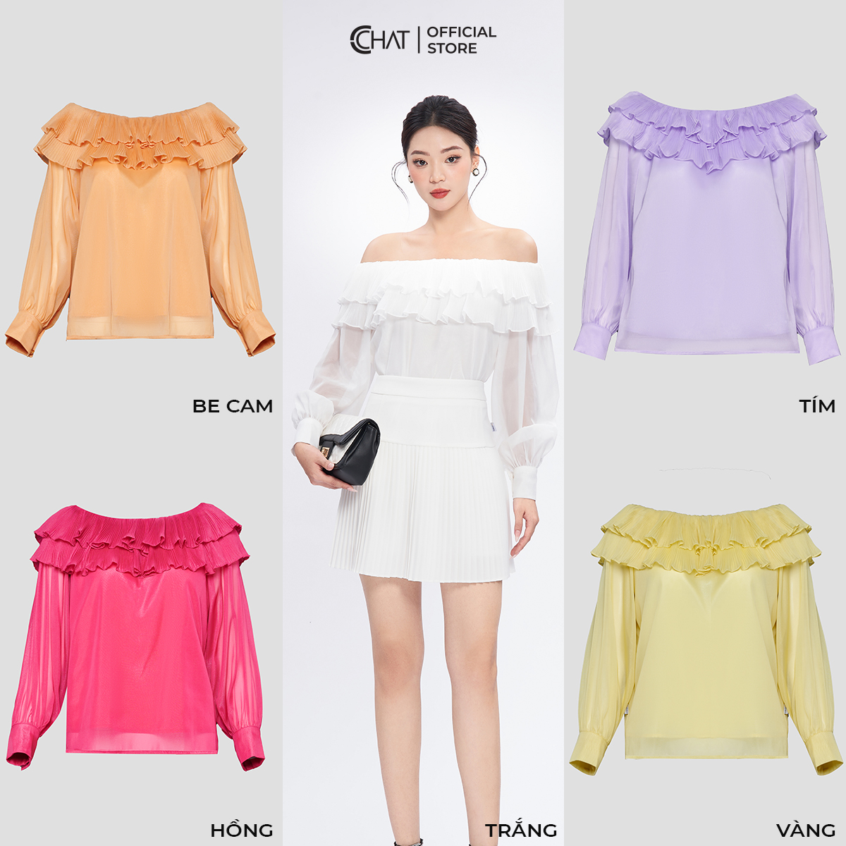 Áo Kiểu Nữ  Trễ Vai xếp Ly Rủ Bèo Dáng Suông Chất Voan Mềm Mại 12ADV2007ST