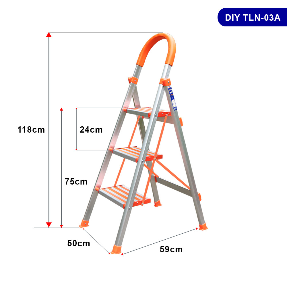 Thang nhôm ghế bản bậc rộng DIY TLN-03A 3 bậc, chiều cao sử dụng tối đa 75cm