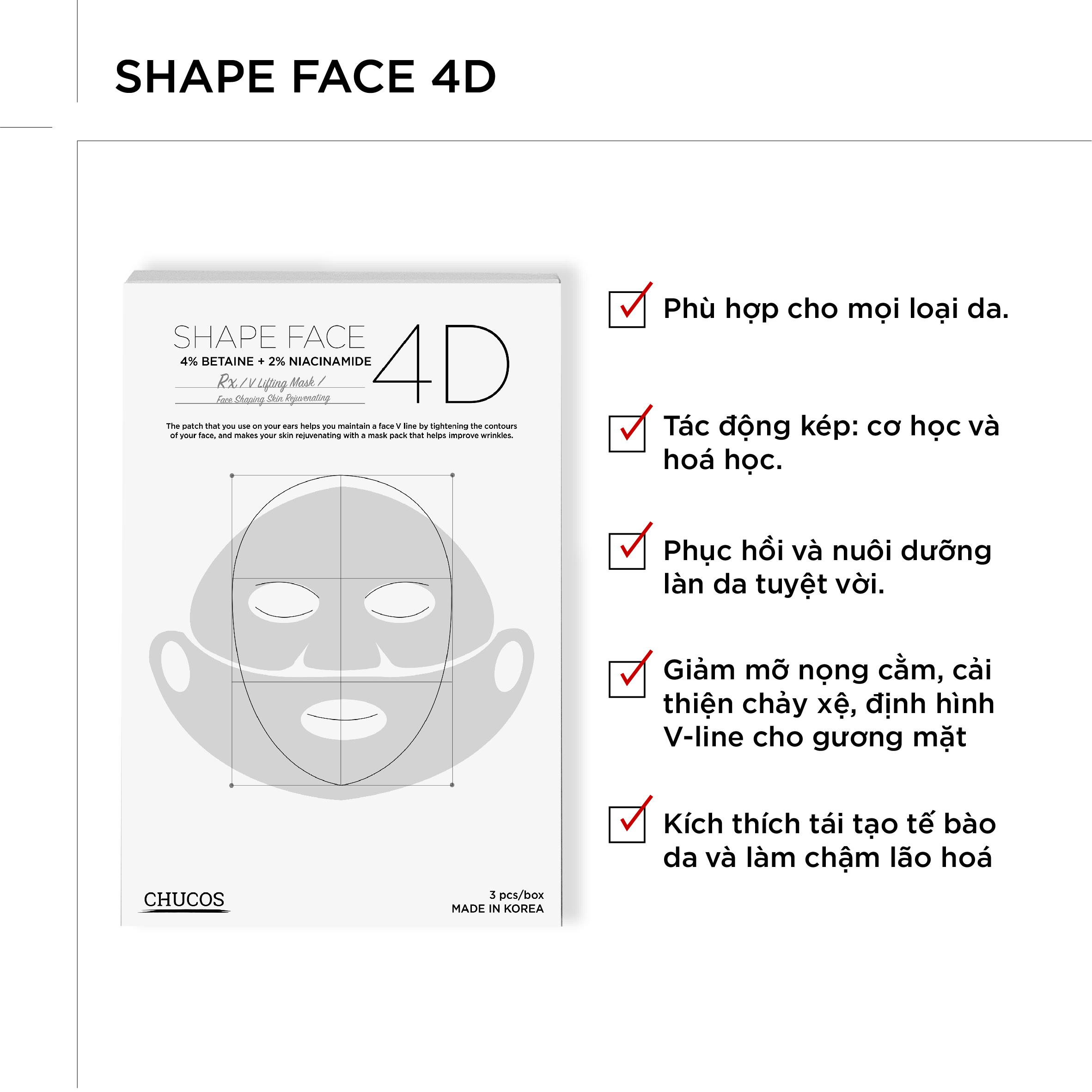 MẶT NẠ V-LINE 4D HAI BƯỚC TÁC ĐỘNG KÉP CHUCOS SHAPE FACE 4D  (HỘP 1 Mask)