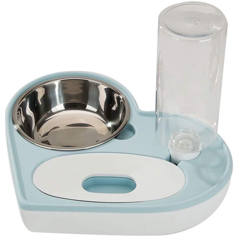 Bát ăn đôi inox cho chó mèo kèm bình nước tự động hình trái tim cao cấp