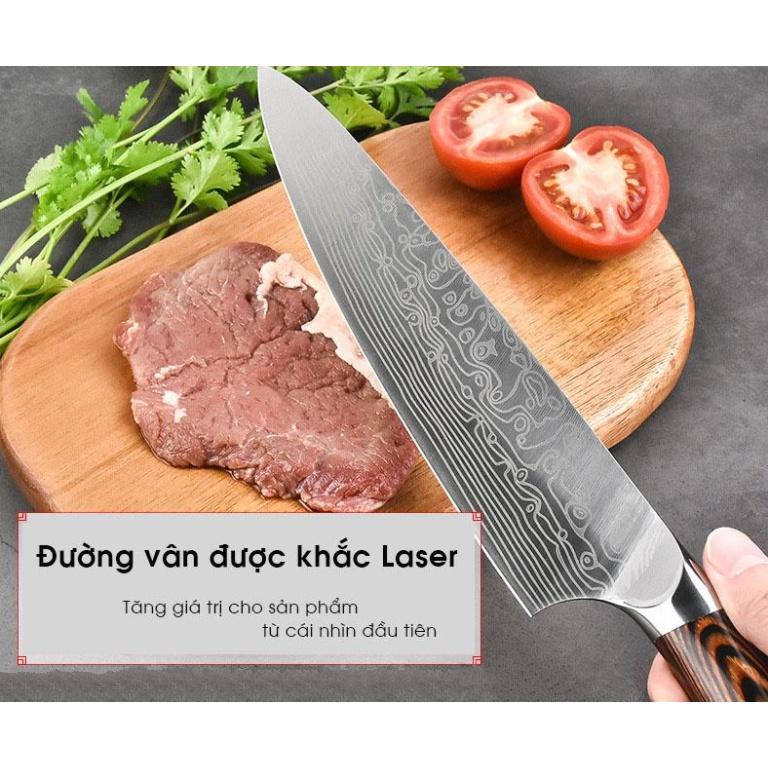 Bộ 3 Dao Nhà Bếp Nhật Khắc Vân Damascus Cao Cấp