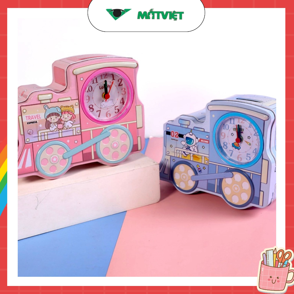 Hộp tiền tiết kiệm xe lửa kèm đồng hồ và khóa an toàn hộp tiết kiệm tiền cho bé chất liệu hợp kim dễ thương dành cho bé