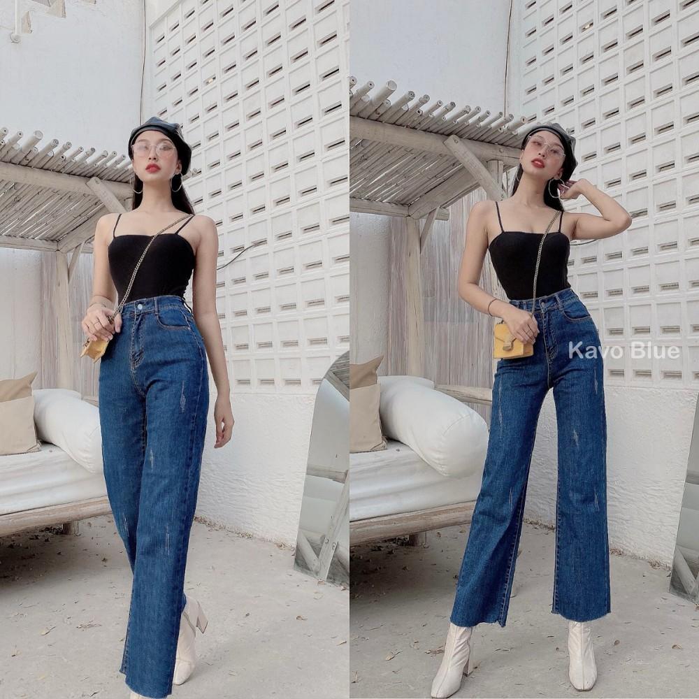 Quần Jean Nữ Cạp Cao Suông Xước KAVO BLUE Siêu Co Giãn 4 Chiều