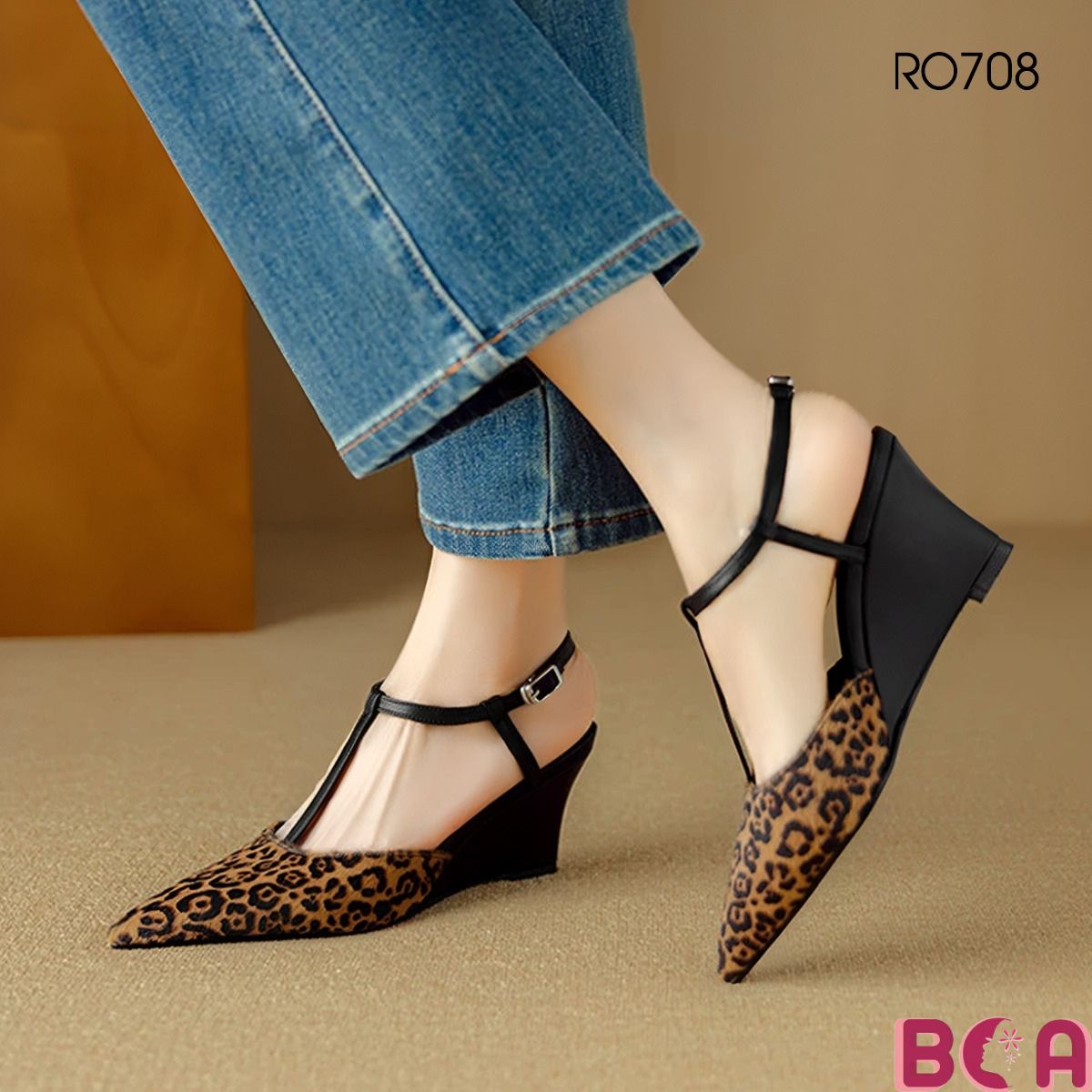 [THANH LỊCH + THỜI TRANG] Giày Đế Xuồng Nữ Quai Chữ T RO708 ROSATA Cao 7cm Mũi Nhọn Kèm Da Beo Thời Thượng