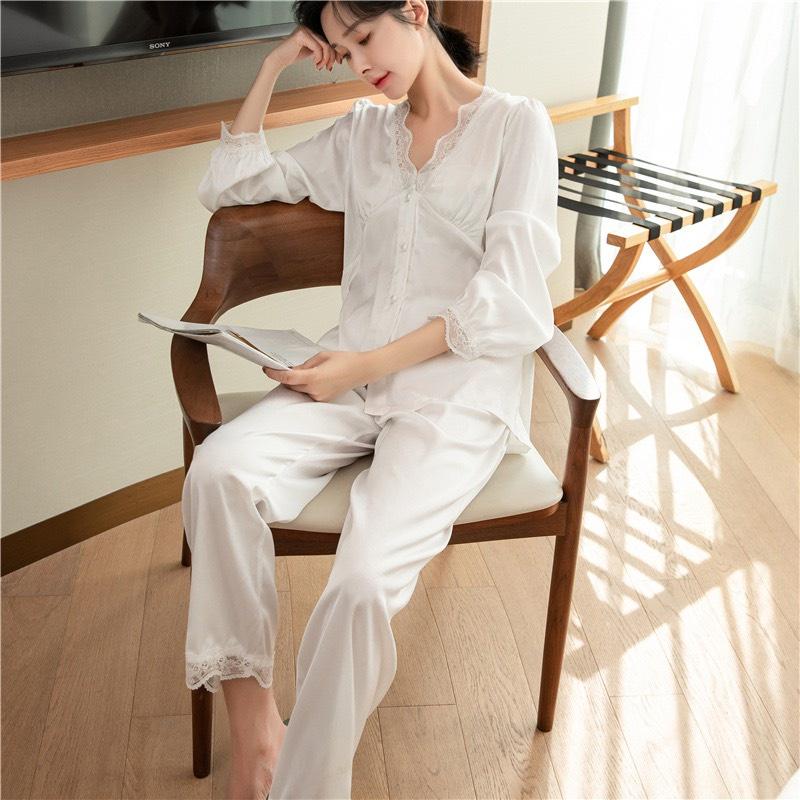 Bô Ngủ Lụa Ren Viền Hàng Quảng Châu - Pyjama Kèm Ảnh Thật