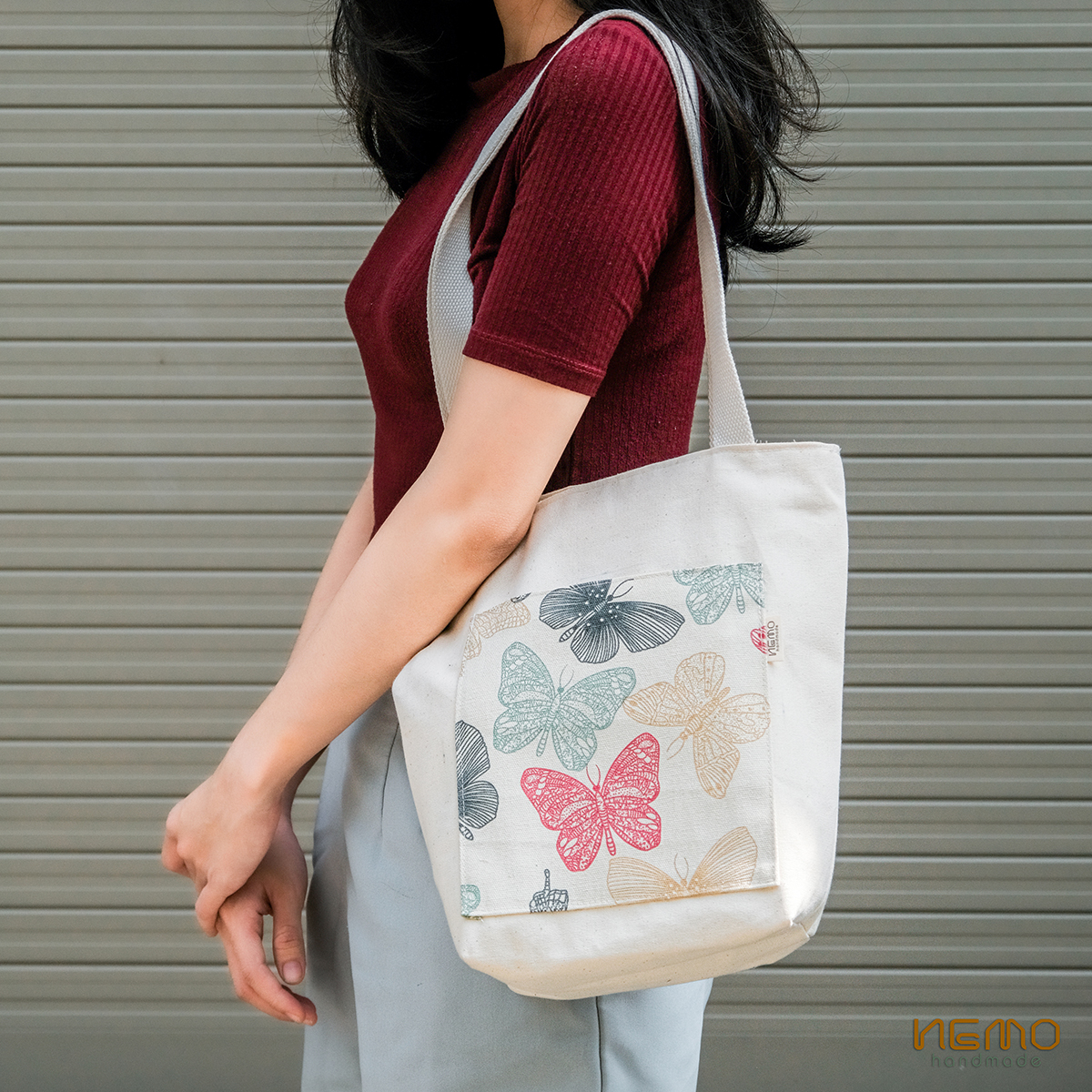 Túi Tote Canvas Họa Tiết Bướm Có Khóa Kéo - NEMO Collection TTCN