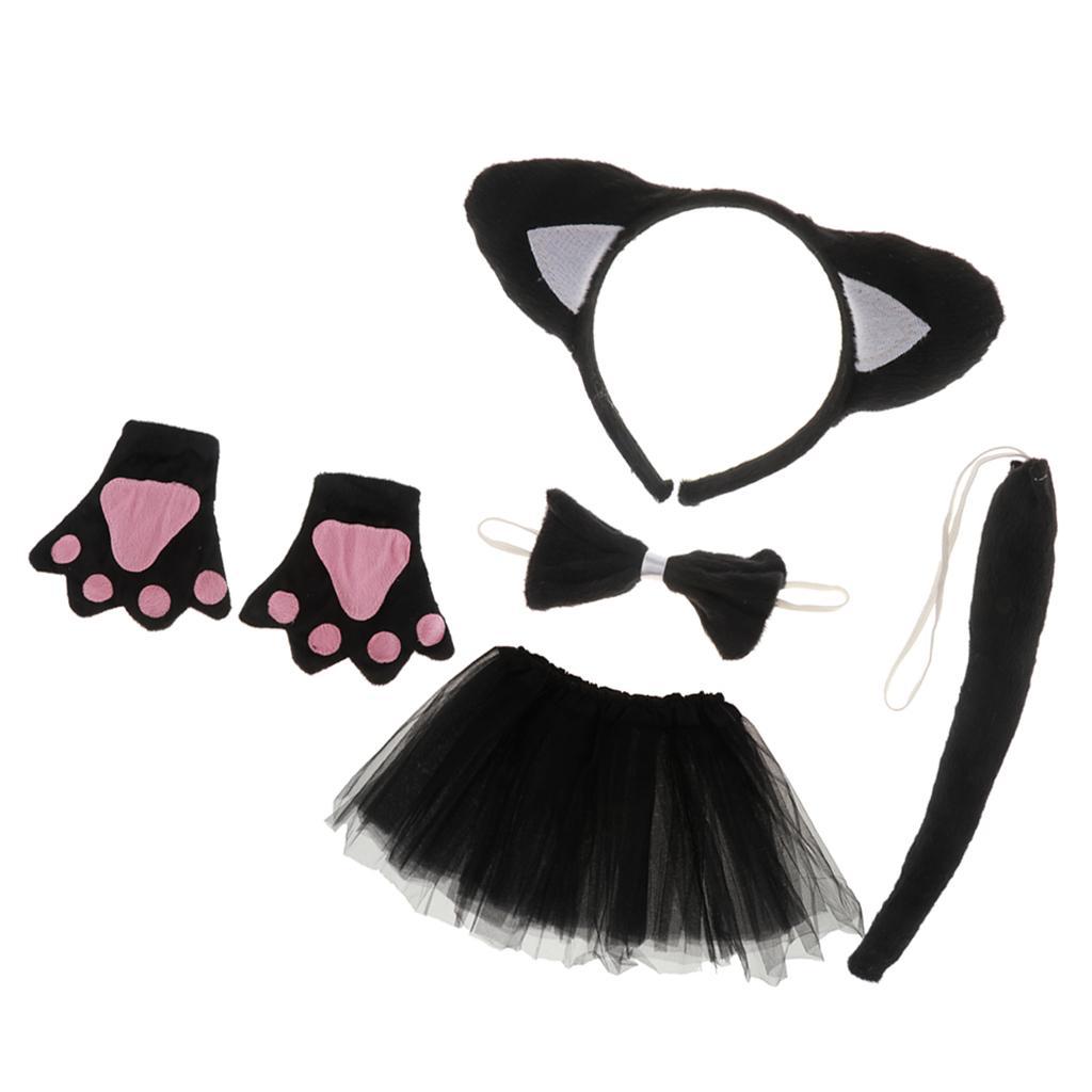 Christmas Girls Kids Birthday Black Cat Costume Set Ear Headband TUTU Skirt Bowtie Gloves Tail Fancy Dress Outfit