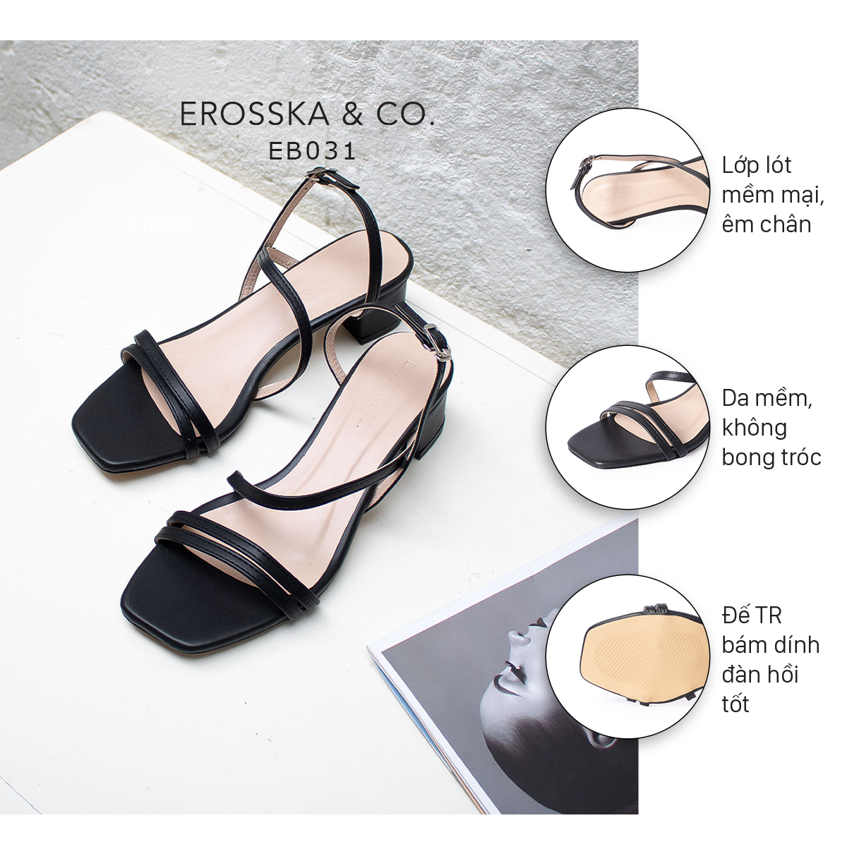 Giày sandal cao gót Erosska thời trang mũi vuông quai ngang phối dây mảnh cao 3cm EB031