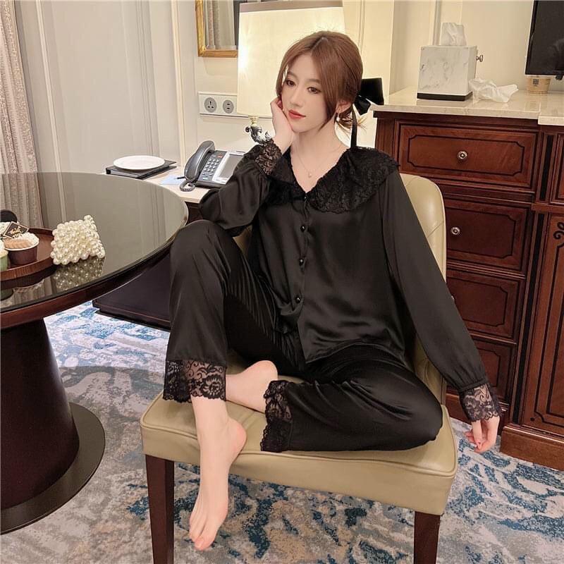 Đồ Bộ Pijama Lụa Cổ Phối Ren Tay Dài Quần Dài Mặc Nhà Hàng Chuẩn Đẹp Sang Trọng Cao Cấp QC635285