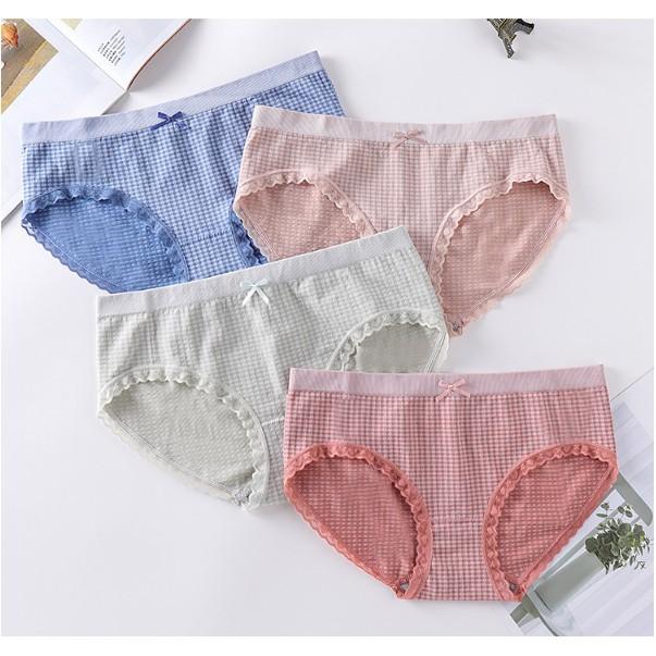Quần lót cotton kẻ caro phối viền ren chất co dãn siêu thấm hút ôm eo viền phối ren cực xinh BH4701